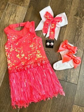 Weissman Girls’ Something I Want Tangerine Fringe/Sequin Dance Costume Bundle—6Y
